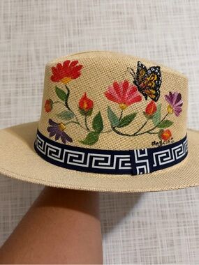 Hand-Painted Floral Straw Fedora Hat - Beige with Multicolor Flowers